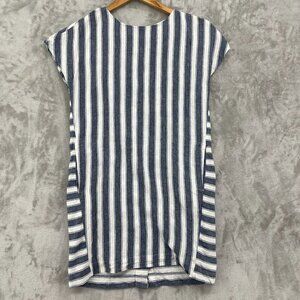 Madewell Linen Blend Stripe Play Button Back Dress Blue White Beachy